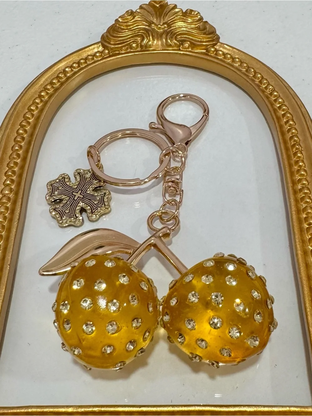 New Gold-Tone Yellow Cherry Crystal Keyring